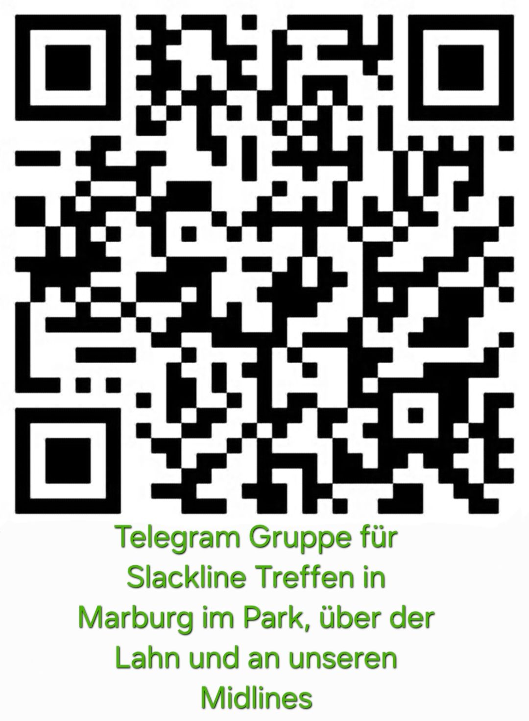 Qr Code für unsere Telegram Gruppe für Slacklinetreffen in Marburg im Park, über der Lahn und an unseren Midlines. Link nur im QR Code wegen Bots